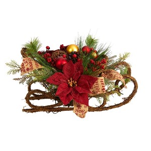 Nearly Natural 18-in Christmas Sleigh with Poinsettia, Berries and Pinecone Artificial Arrangement with Ornaments - 1 of 4