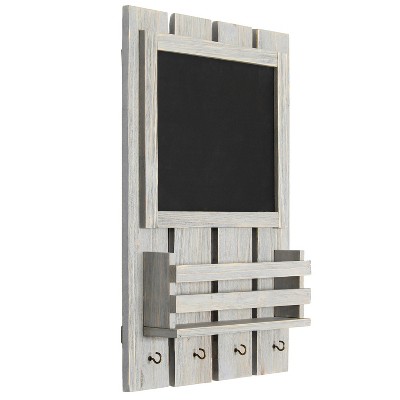 Gray Wash Wooden Chalkboard Sign with Key Holder Hooks and Mail Storage