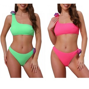 INSPIRE CHIC Women's 3D Rose Floral One Shoulder Ribbed Triangle Bottoms Swimwear Bathing Bikini Suits 2 Sets - 1 of 4