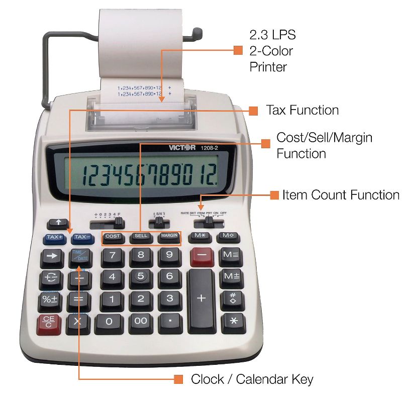 Victor 1208-2 Two-Color Compact Printing Calculator Black/Red Print 2.3 Lines/Sec 12082, 5 of 6
