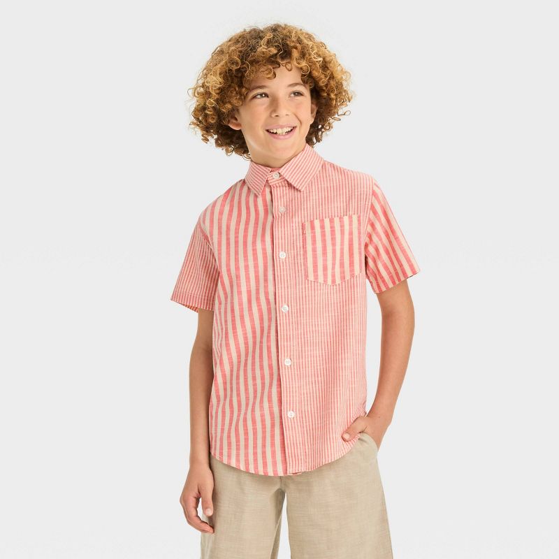 Boys' Short Sleeve Poplin Button-Down Shirt - Cat & Jack™ Light Blue/Orange, 1 of 5