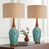 360 Lighting Rocco Modern Mid Century Table Lamps 30" Tall Set of 2 Blue Teal Glaze Ceramic Linen Drum Shade for Bedroom Living Room Nightstand Home - 2 of 4