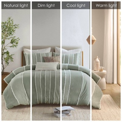 Sage Green Cotton Striped King Duvet Cover Set