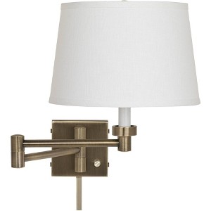 Barnes and Ivy Modern Swing Arm Wall Lamp with Cord Cover Antique Brass Plug-In Light Fixture White Linen Drum Shade for Bedroom - 1 of 4