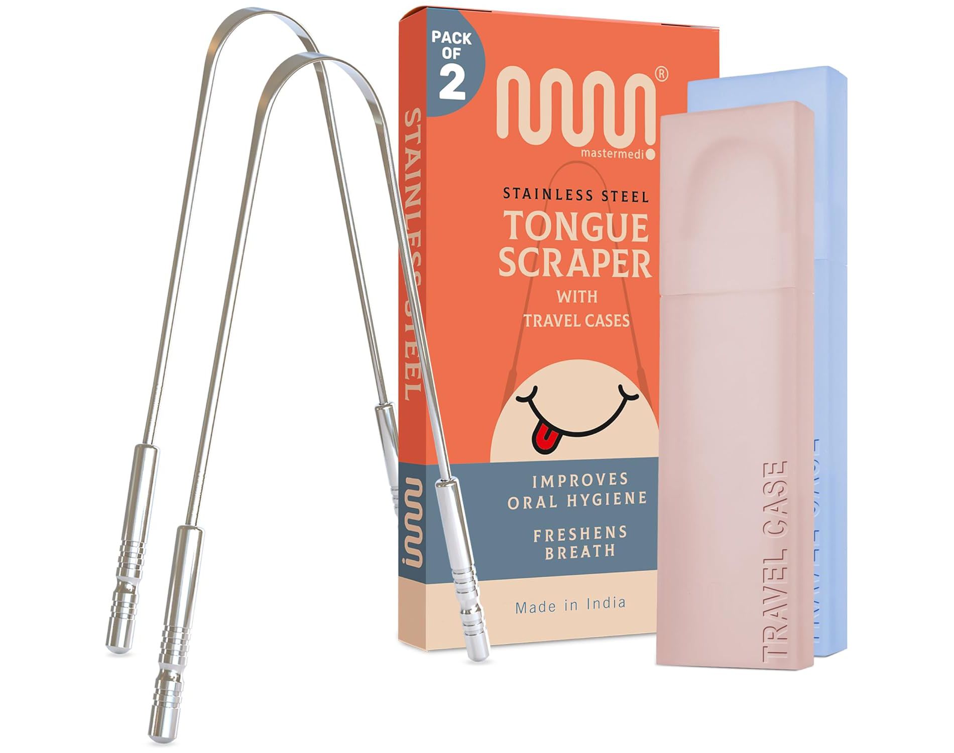 MasterMedi Tongue Scraper for Adults with Multicolor Travel Cases, Reduce Bad Breath, Tongue Cleaner for Oral Care & Hygiene (Pack of 2)