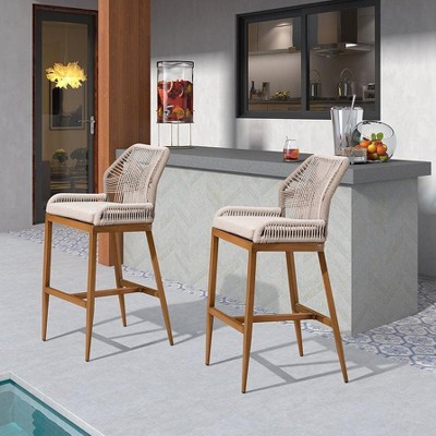PURPLE LEAF Bar Stools Set of 2 Height Metal Bar Chairs with Back Modern Aluminum Tall Comfy Wicker Woven Boho Barstools Garden Pool Patio Outdoor