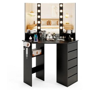 Corner Vanity Desk with 3-Color LED Lighted Mirror and Power Outlet - 1 of 4