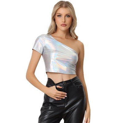 Allegra K Women's Clubwear Holographic Short Sleeve One Shoulder Crop Top