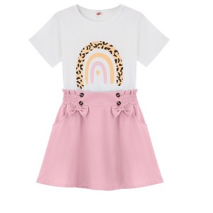 Girls 2pcs Cute Color Printed Short Sleeve Shirt and Elastic High Waist Bow A-line Skirt Sets - 1 of 4