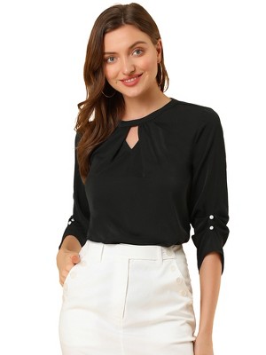INSPIRE CHIC Women's Work Office Keyhole Pleated Front Ruched 3/4 Sleeve Chiffon Blouse