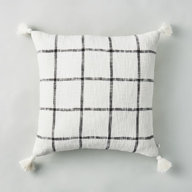 24&#34;x24&#34; Woven Slub Checkered Throw Pillow with Tassels Cream/Gray - Hearth &#38; Hand&#8482; with Magnolia, 1 of 6