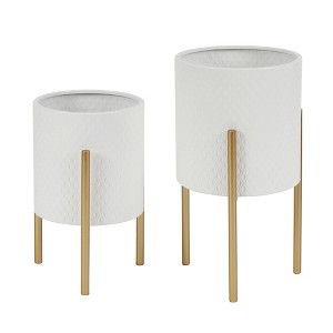 LuxenHome 2-Piece Diamond Pattern Round Metal Cachepot Planter Set - 1 of 4