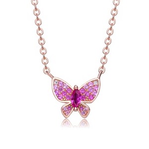 Guili Sterling Silver 18K Rose Gold Plated Butterfly Pendant Necklace with Ruby and Cubic Zirconia Pave, Small Size Layering Necklace. - 1 of 3