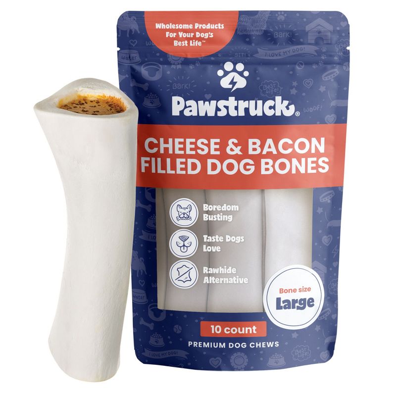Pawstruck Large 5-6" Filled Dog Bones - Peanut Butter, Cheese & Bacon, or Beef Flavor - Made in USA Long Lasting Stuffed Femur Treat for Aggressive Chewers, 1 of 11