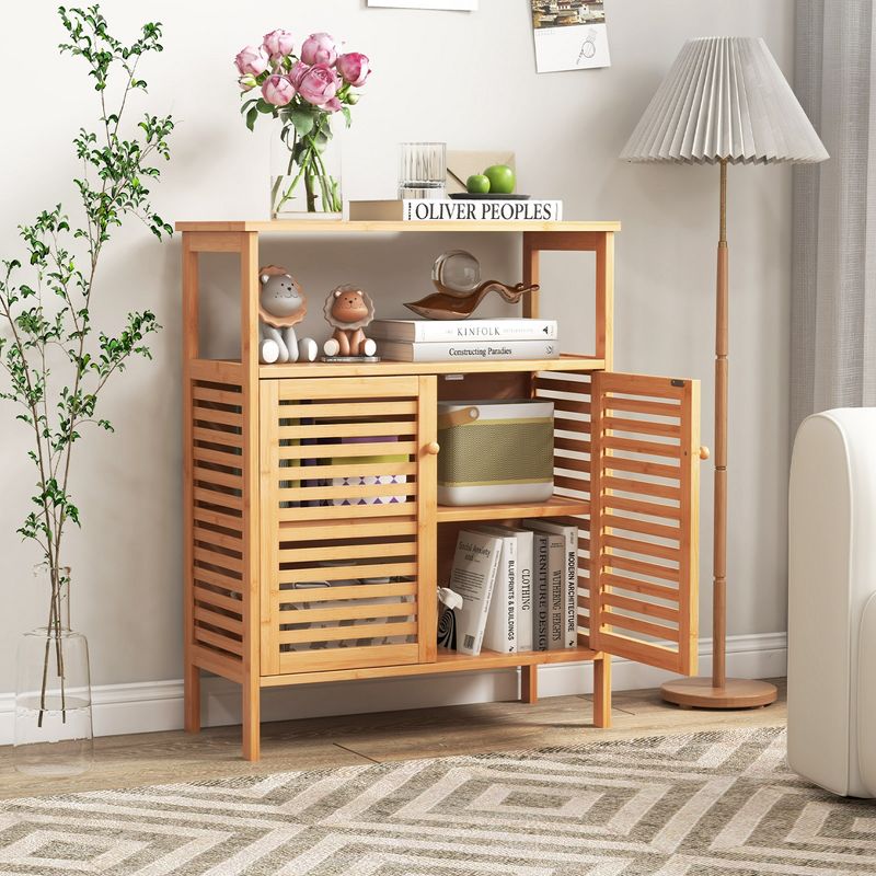 Costway Bamboo Storage Cabinet with Double Louvered Doors Open Shelf & Removable Shelf, 5 of 11