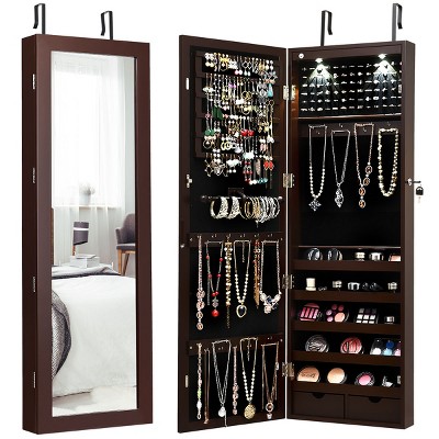 Costway Wall Mount Mirrored Jewelry Cabinet Organizer LED Lights