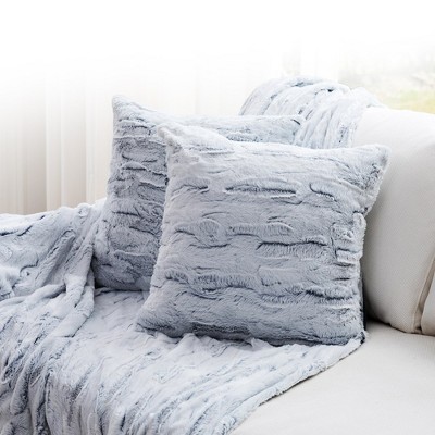 Blue and White Faux Fur Square Throw Pillows Set