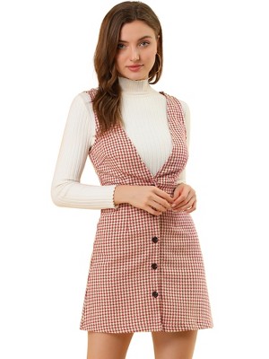 Allegra K Women's V Neck Gingham Check Pinafore Overalls Suspenders Plaid Print Dress