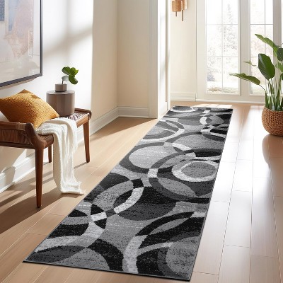Gray Geometric Circles Stain-Resistant Runner Rug 2'7" x 6'