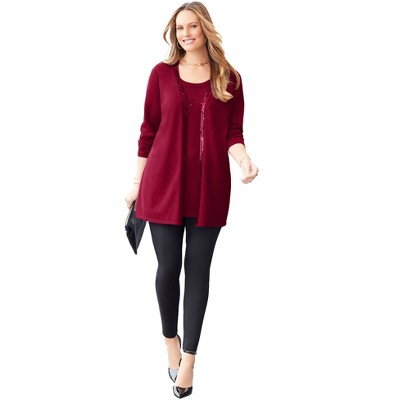 Catherines Women's Plus Size Sequin Trim Tank Cardigan Duet