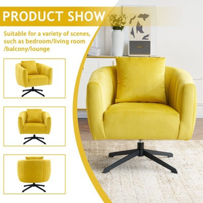 Product show collage with multiple views of yellow swivel chair