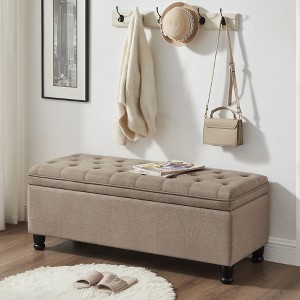 Okak Storage Ottoman Bench with Tufted Button Upholstered Multifunctional Footrest Stool Bed Bench with Spindle Wood Legs for Entryway Bedroom, Linen - 1 of 4