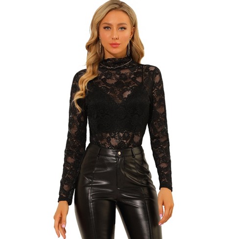 Women's Semi-Sheer Lace Crop Top - Long Sleeves and Turtleneck - Black