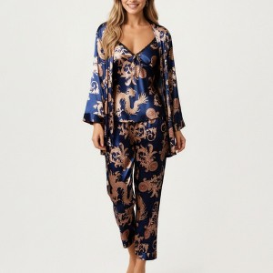 Anna-Kaci Lounge Women's 3-Piece Set Satin Baroque Print Pajama Cami with Matching Robe and Relaxed Straight-Leg Pants - 1 of 4