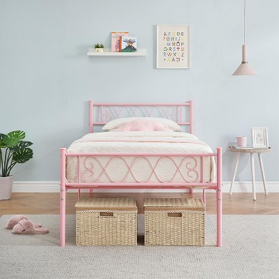 Metal Twin Bed Frame for Girls/Boys, Twin Size Platform Bed Frame with Iron-Art Sweet Heart, Under Bed Storage, Easy Assembly