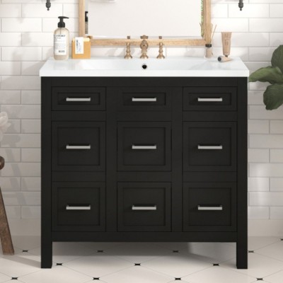 36 inch bathroom storage cabinet vanity with resin integrated sink -4 drawers, 2 doors