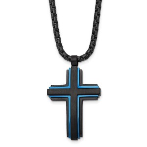 Black Bow Jewelry Men's Black & Blue Plated Stainless Steel Cross Necklace, 24 Inch - 1 of 3