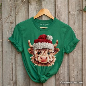 Highland Cow Santa Hat Christmas T-Shirt, Imitation Latch Hook Yarn Cozy Tee | OrnamentallyYou - 1 of 4