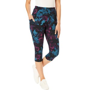 Woman Within Stretch-Cotton Knit Pull-On Printed Pocket Capri Leggings - 1 of 2