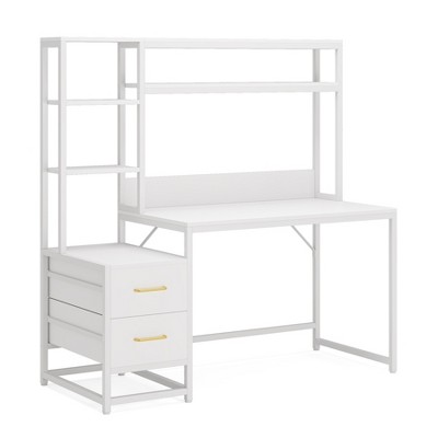 Lirago 60" Industrial Computer Desk with 2 Drawers and Storage Shelves Multi Functional Office Desk for Study Writing Gaming Workstation White