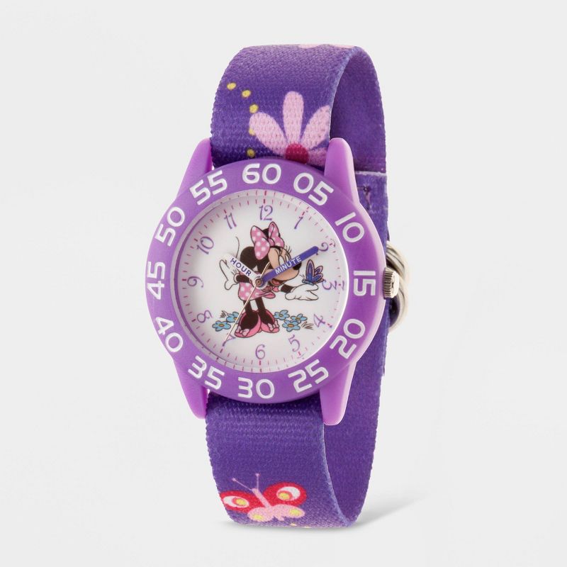 Girls&#39; Disney Minnie Mouse Plastic Time Teacher Hook And Loop Nylon Strap Watch - Purple, 1 of 7