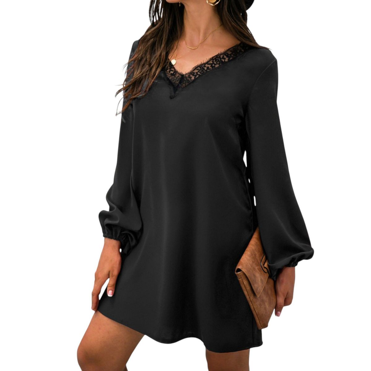 Anna-Kaci Women's Long Sleeve Mini Shift Dress with V-Neckline and Lace Trim Detail - thumbnail 3