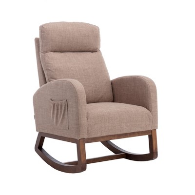 VYNXARIA Rocking Chair,Recliner Armchair with Wood Legs and Side Pocket, Nursery Rocking Accent Chair with High Back(Camel linen)