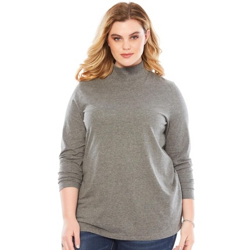 Roaman's Women's Plus Size Long-Sleeve Mockneck Ultimate Tee - 3X, Gray