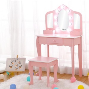 Girls Vanity Set with LED Mirror & Drawer - Wooden Princess Makeup Desk & Chair, Pretend Play Dressing Table for Toddlers (Batteries Not Included) - 1 of 4
