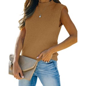 BLUEMING Sweater Vest for Women Summer Pullover Cap Sleeve Rib Knit Tops Mock Neck Sweater Tank Tops Sleeveless Summer Tops - 1 of 4
