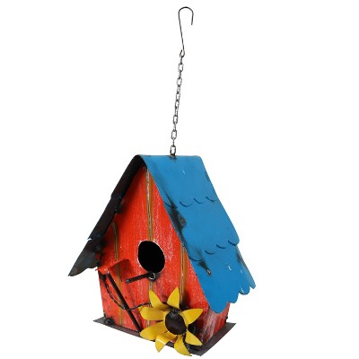 Sunnydaze Indoor/Outdoor Decorative Metal Birdhouse with Yellow Sunflower Accents and Hanging Chain - Red - 12"