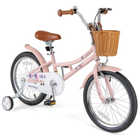 Costway 18 Kids Bike With Height Adjustable Handlebar Seat Basket Bell Training Wheels Pink Target