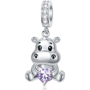 Sterling Silver Hippo Charm with 12 Birthstones - Animal Bead for Bracelets, Gift for Hippo Lovers - 1 of 4