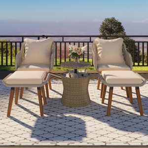CAVINAS 5 Pieces Patio Outdoor Seating Sets, with Wicker Cool Bar Table, Ottomans, Outdoor Furniture Bistro Sets for Porch, Black & Beige - 1 of 4