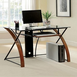 Royal Hampton Glass Top Computer Desk with Z Shaped Metal Legs, Brown and Black - 1 of 4