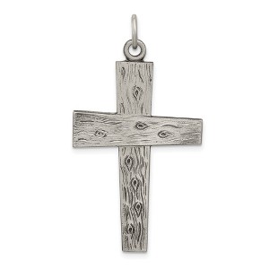Black Bow Jewelry Men's Sterling Silver Antiqued Woodgrain Cross Pendant, 23 x 45mm - 1 of 4