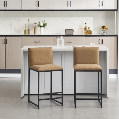 Set of 2 Linen Fabric Upholstered Counter Height Bar Stools,Modern Stainless Frame Bar Stool,Armless Kitchen Dining Room Bar Stool-Coolbibila