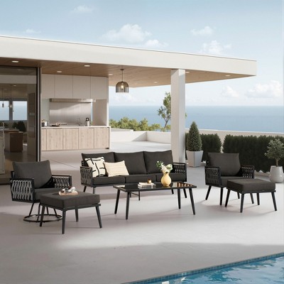 XIZZI Outdoor Woven Sling Sofa 6-Piece Set with Rotating Chair, Water-Resistant Fabric, Modern Patio Furniture - Black/Dark Gray/Light Gray
