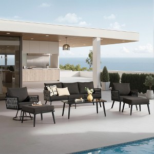 XIZZI Outdoor Woven Sling Sofa 6-Piece Set with Rotating Chair, Water-Resistant Fabric, Modern Patio Furniture - Black/Dark Gray/Light Gray - 1 of 4