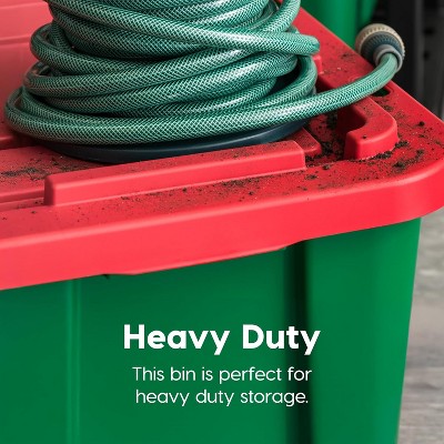 12 Gallon Green and Red Stackable Plastic Storage Bins with Lids, 4 Pack